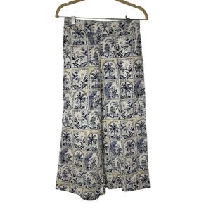 C&C California 100% Linen Blue Tropical Print Cropped Wide Leg Pants S